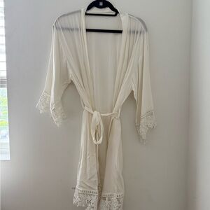 White/Cream Lace Trim Robe with Tie Belt and Sheer Fabric